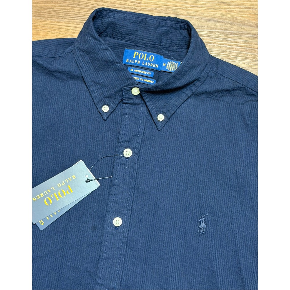 Polo Ralph Lauren Mens Navy Seersucker Short Sleeve Untucked Fit Shirt Sz M